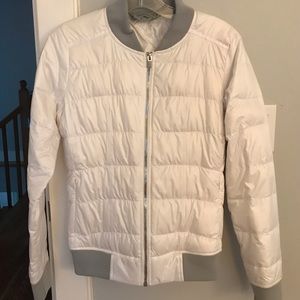 Athleta Dobby Down Bomber Jacket in white